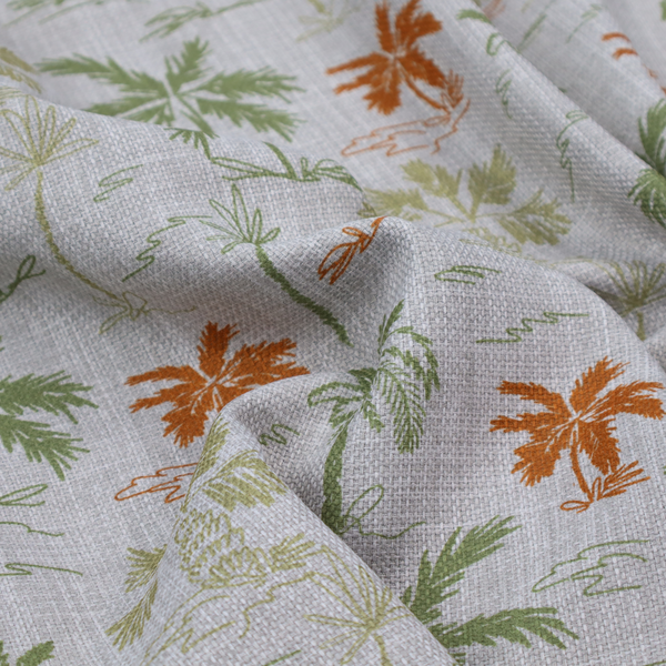 A lightweight fabric featuring a hand-drawn palm tree pattern in sage green and terracotta orange on a light grey textured background.