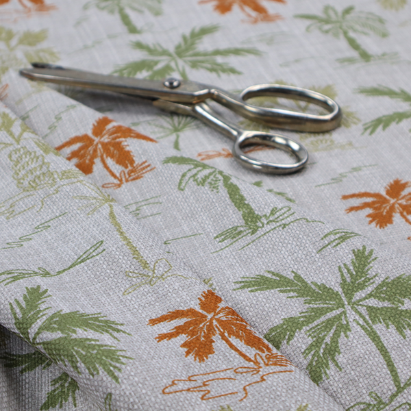 A lightweight fabric featuring a hand-drawn palm tree pattern in sage green and terracotta orange on a light grey textured background.