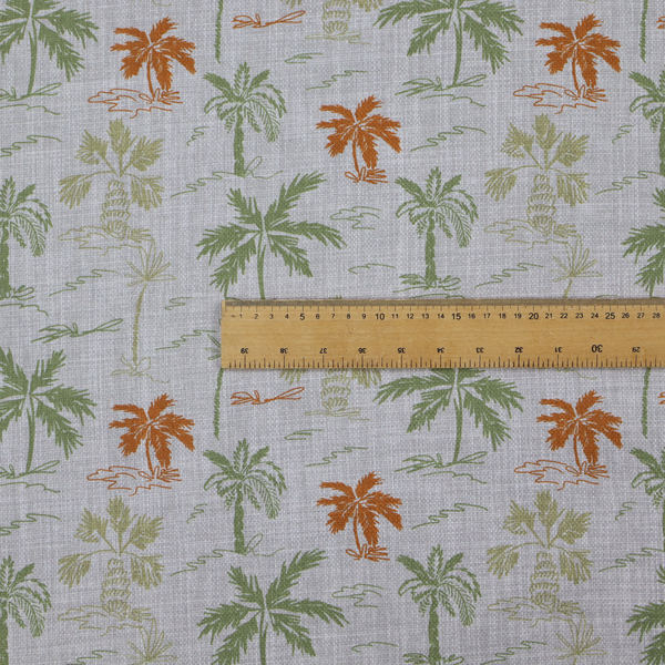 A lightweight fabric featuring a hand-drawn palm tree pattern in sage green and terracotta orange on a light grey textured background.