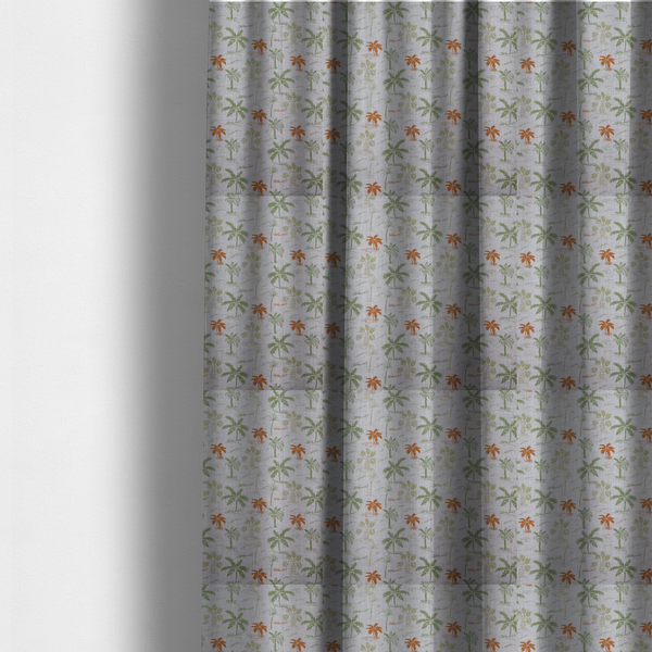 The fabric used to create these made-to-measure curtains is a lightweight fabric featuring a hand-drawn palm tree pattern in sage green and terracotta orange on a light grey textured background.
