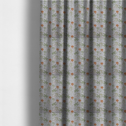 The fabric used to create these made-to-measure curtains is a lightweight fabric featuring a hand-drawn palm tree pattern in sage green and terracotta orange on a light grey textured background.