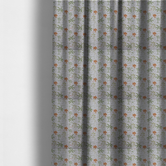 The fabric used to create these made-to-measure curtains is a lightweight fabric featuring a hand-drawn palm tree pattern in sage green and terracotta orange on a light grey textured background.