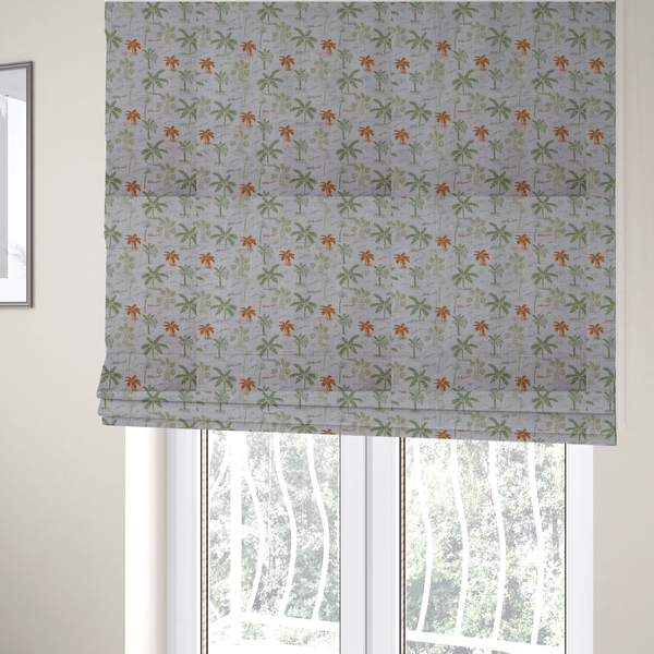 The fabric used to create these bespoke Roman blinds is a lightweight fabric featuring a hand-drawn palm tree pattern in sage green and terracotta orange on a light grey textured background.