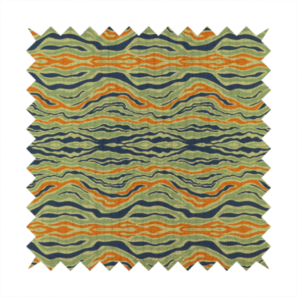A woven fabric featuring a repeating horizontal wavy pattern in burnt orange, navy blue, and sage green.