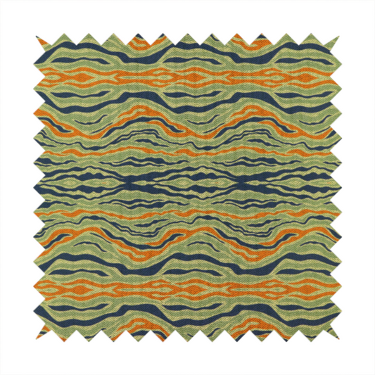 A woven fabric featuring a repeating horizontal wavy pattern in burnt orange, navy blue, and sage green.