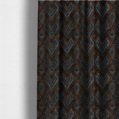 The fabric used to create these made-to-measure curtains is a intricate textile design with a repeating diamond and chevron motif. The pattern features fine, hand-inked linework, including Greek key patterns and zig-zags. The colour palette is a moody mix of earthy terracotta, deep grey, and black, giving it a rustic, bohemian feel.