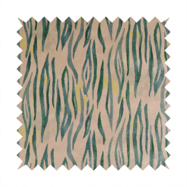 Vertical hand-painted stripes resembling an organic animal print. The design features soft, bleeding edges in various shades of green and muted teal over a warm sandstone or blush background, accented with small pops of yellow.