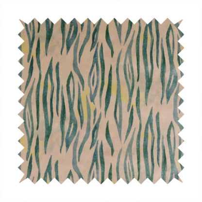 Vertical hand-painted stripes resembling an organic animal print. The design features soft, bleeding edges in various shades of green and muted teal over a warm sandstone or blush background, accented with small pops of yellow.