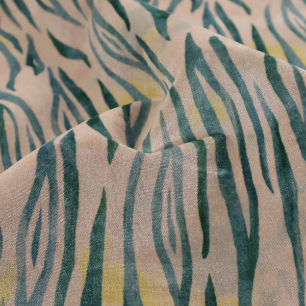 Vertical hand-painted stripes resembling an organic animal print. The design features soft, bleeding edges in various shades of green and muted teal over a warm sandstone or blush background, accented with small pops of yellow.