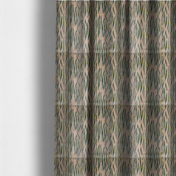 The fabric used to create these made-to-measure curtains is a vertical hand-painted stripes resembling an organic animal print. The design features soft, bleeding edges in various shades of green and muted teal over a warm sandstone or blush background, accented with small pops of yellow.