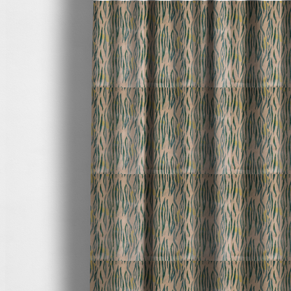 The fabric used to create these made-to-measure curtains is a vertical hand-painted stripes resembling an organic animal print. The design features soft, bleeding edges in various shades of green and muted teal over a warm sandstone or blush background, accented with small pops of yellow.
