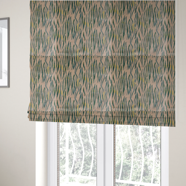 The fabric used for these Roman blinds is a vertical hand-painted stripes resembling an organic animal print. The design features soft, bleeding edges in various shades of green and muted teal over a warm sandstone or blush background, accented with small pops of yellow.