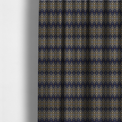 The fabric used to create these made-to-measure curtains is a horizontal Southwestern-inspired geometric pattern featuring navy blue bands with mustard yellow and sky blue interlocking diamonds and Greek key motifs.