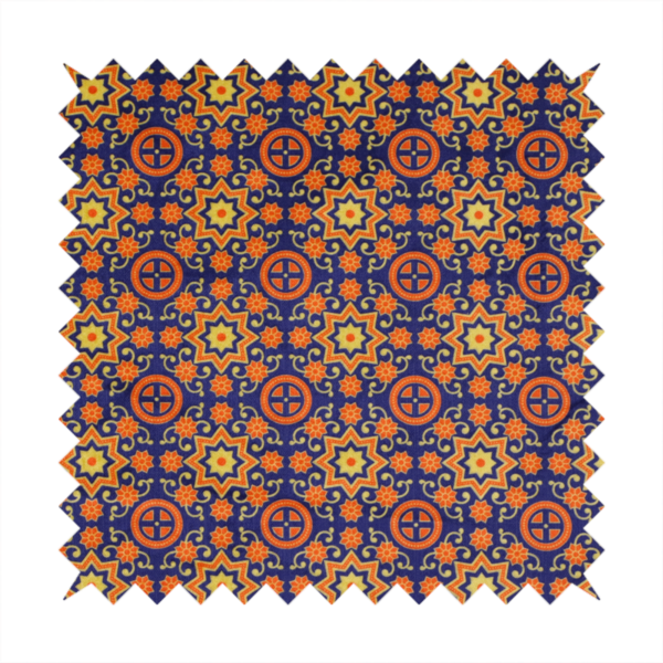 A repeating celestial geometric pattern featuring eight-pointed orange stars and circular cross motifs set against a deep navy blue background with yellow filigree.