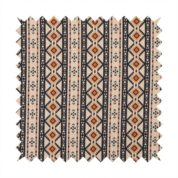 Intricate tribal border print arranged in vertical columns on a visually textured, linen-look base. The design includes repeating rows of rust-orange diamonds, black zig-zags, and arrow-like geometric motifs with a hand-drawn aesthetic.