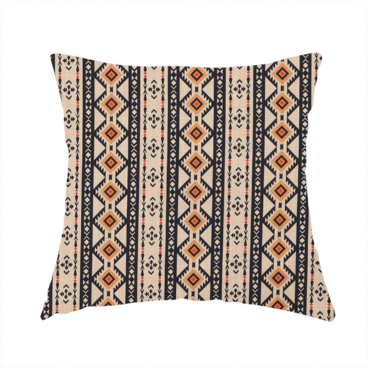 The fabric used to create this handmade cushion is a intricate tribal border print arranged in vertical columns on a visually textured, linen-look base. The design includes repeating rows of rust-orange diamonds, black zig-zags, and arrow-like geometric motifs with a hand-drawn aesthetic.