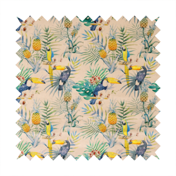 A tropical watercolour pattern featuring perched toucans, parrots, and pineapples surrounded by lush palm leaves on a cream background.