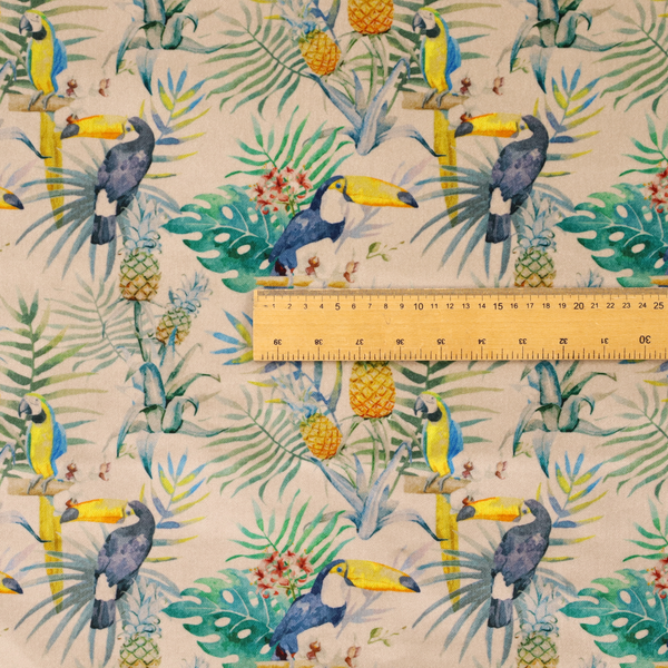 A tropical watercolour pattern featuring perched toucans, parrots, and pineapples surrounded by lush palm leaves on a cream background.