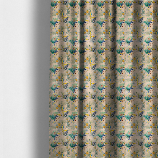 The fabric used for these made-to-measure curtains is a tropical watercolour pattern featuring perched toucans, parrots, and pineapples surrounded by lush palm leaves on a cream background.