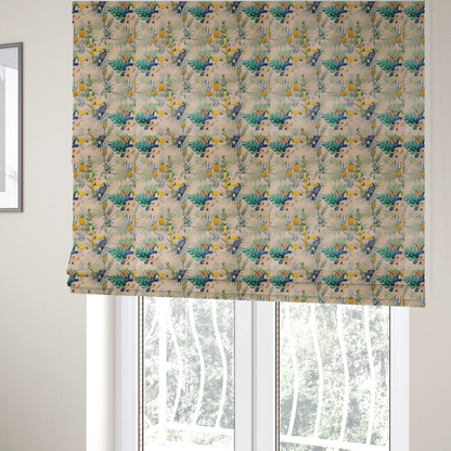 The fabric used to create these Roman blinds is a tropical watercolour pattern featuring perched toucans, parrots, and pineapples surrounded by lush palm leaves on a cream background.