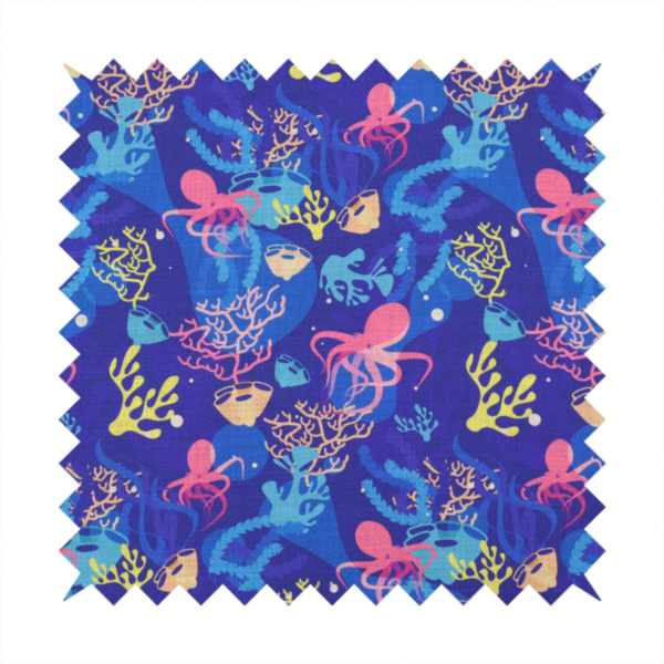 A vibrant nautical pattern featuring pink octopuses, yellow coral branches, and textured sea sponges set against an electric indigo blue background.