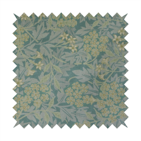Muted green textile print with a complex, repeating botanical motif. The design features tightly packed five-petal flower clusters and delicate willow-like leaves in shades of dusty sage, teal, and pale lime green.