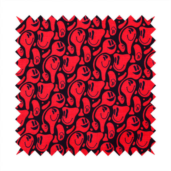 A repeating psychedelic pattern of vibrant red melting smiley faces and abstract kidney shapes set against a dark black background.