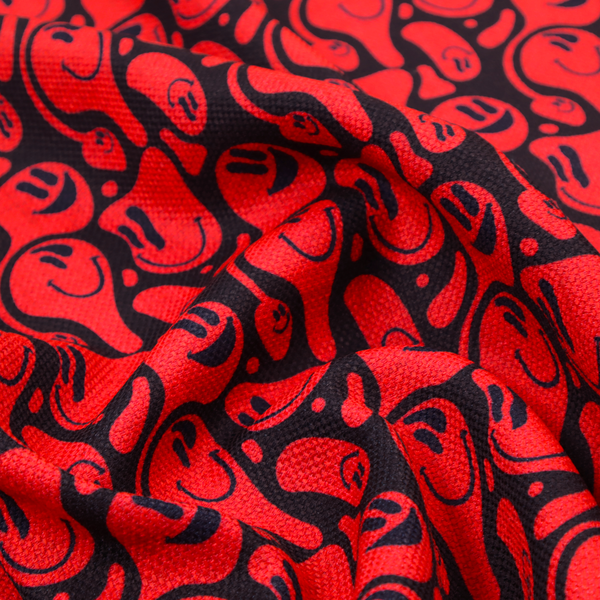 A repeating psychedelic pattern of vibrant red melting smiley faces and abstract kidney shapes set against a dark black background.