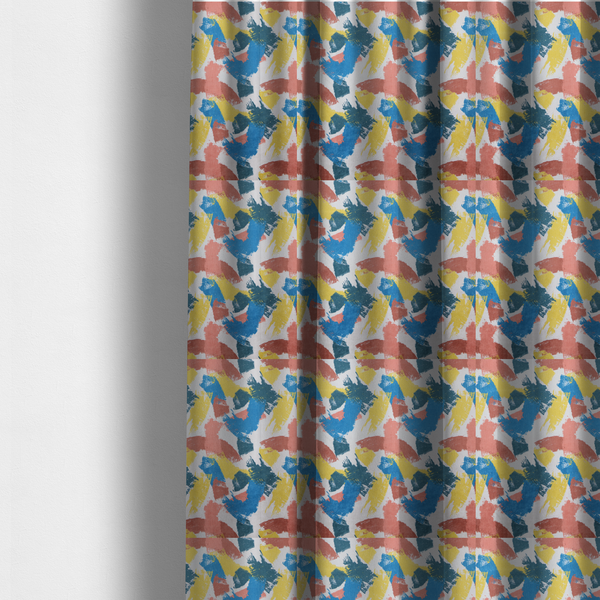 The fabric used to create these made-to-measure curtains is a vibrant textile print featuring large, expressive paint swipes in cornflower blue, sunny yellow, terracotta red, and dark teal. The brushstrokes overlap to create a sense of movement and have a visible, dry-brush texture with distressed edges.