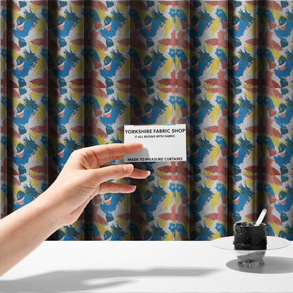 The fabric used to create these made-to-measure curtains is a vibrant textile print featuring large, expressive paint swipes in cornflower blue, sunny yellow, terracotta red, and dark teal. The brushstrokes overlap to create a sense of movement and have a visible, dry-brush texture with distressed edges.