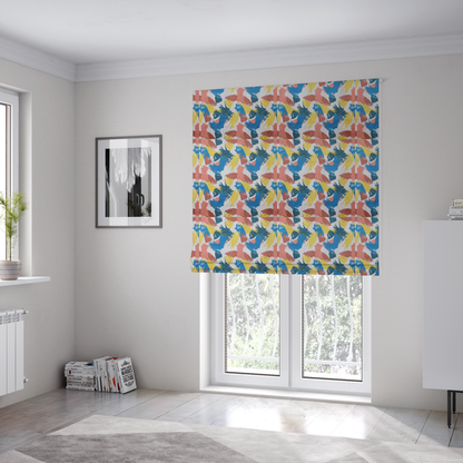 The fabric used to create these Roman blinds is a vibrant textile print featuring large, expressive paint swipes in cornflower blue, sunny yellow, terracotta red, and dark teal. The brushstrokes overlap to create a sense of movement and have a visible, dry-brush texture with distressed edges.