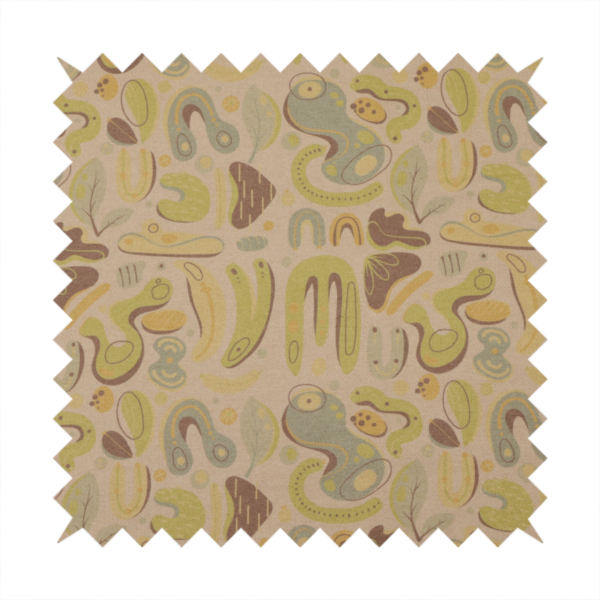 An abstract repeating pattern on a beige fabric background, featuring organic, amoeba-like shapes in earthy tones of olive green, muted yellow, and light brown. The design includes various fluid forms: U-shapes, elongated ovals, leaf-like outlines, and speckled pods. Some shapes are solid, while others contain interior lines, dots, or smaller concentric forms, creating a playful, mid-century modern or retro aesthetic with a soft, matte textile texture.