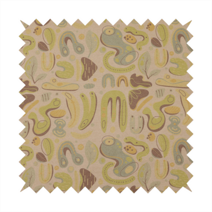 An abstract repeating pattern on a beige fabric background, featuring organic, amoeba-like shapes in earthy tones of olive green, muted yellow, and light brown. The design includes various fluid forms: U-shapes, elongated ovals, leaf-like outlines, and speckled pods. Some shapes are solid, while others contain interior lines, dots, or smaller concentric forms, creating a playful, mid-century modern or retro aesthetic with a soft, matte textile texture.