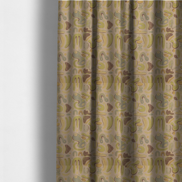 The fabric used to create these made-to-measure curtains is an abstract repeating pattern on a beige fabric background, featuring organic, amoeba-like shapes in earthy tones of olive green, muted yellow, and light brown. The design includes various fluid forms: U-shapes, elongated ovals, leaf-like outlines, and speckled pods. Some shapes are solid, while others contain interior lines, dots, or smaller concentric forms, creating a playful, mid-century modern or retro aesthetic with a soft, matte textile text