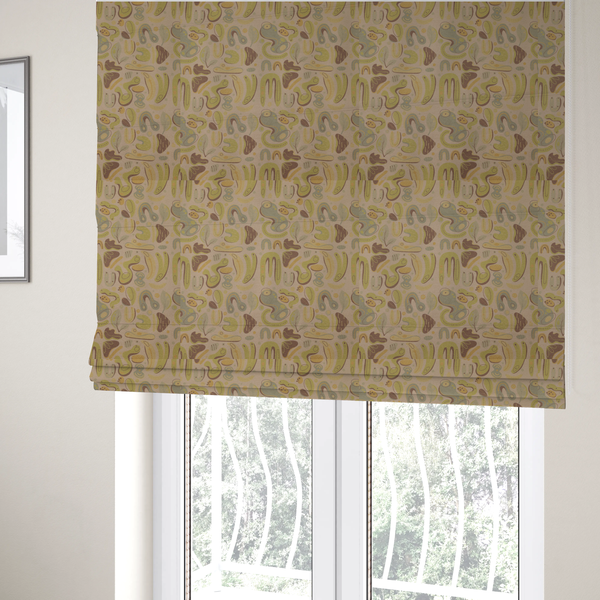 The fabric used to create these Roman blinds is an abstract repeating pattern on a beige fabric background, featuring organic, amoeba-like shapes in earthy tones of olive green, muted yellow, and light brown. The design includes various fluid forms: U-shapes, elongated ovals, leaf-like outlines, and speckled pods. Some shapes are solid, while others contain interior lines, dots, or smaller concentric forms, creating a playful, mid-century modern or retro aesthetic with a soft, matte textile texture.