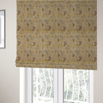 The fabric used to create these Roman blinds is an abstract repeating pattern on a beige fabric background, featuring organic, amoeba-like shapes in earthy tones of olive green, muted yellow, and light brown. The design includes various fluid forms: U-shapes, elongated ovals, leaf-like outlines, and speckled pods. Some shapes are solid, while others contain interior lines, dots, or smaller concentric forms, creating a playful, mid-century modern or retro aesthetic with a soft, matte textile texture.