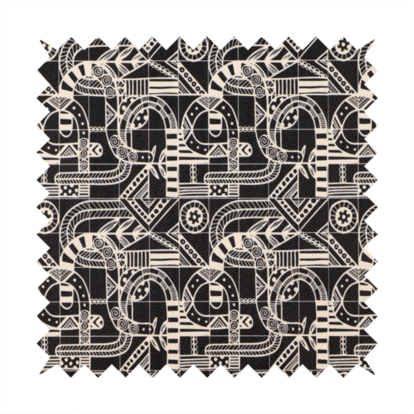 An intricate black and white repeating pattern featuring a grid of tribal-inspired geometric motifs. The design displays stylized, interlocking serpentine and curved forms filled with detailed line work, dots, and hatch marks. Circular gear-like symbols and triangular accents create a structured, rhythmic composition with a high-contrast, hand-drawn aesthetic on a textured fabric.