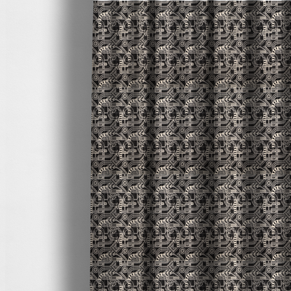 The fabric used to create these made-to-measure curtains is an intricate black and white repeating pattern featuring a grid of tribal-inspired geometric motifs. The design displays stylized, interlocking serpentine and curved forms filled with detailed line work, dots, and hatch marks. Circular gear-like symbols and triangular accents create a structured, rhythmic composition with a high-contrast, hand-drawn aesthetic on a textured fabric.