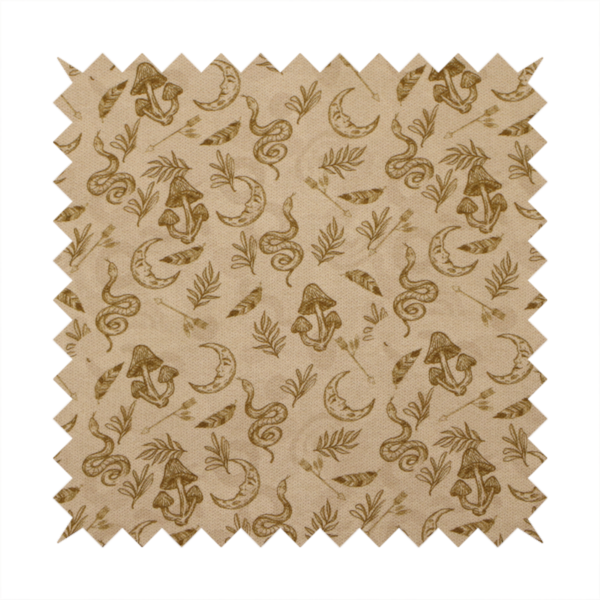 A high-down, flat-lay image of a light beige fabric featuring a repetitive boho-mystical pattern. The design is printed in a muted olive-brown ink and includes the following hand-drawn elements scattered across the material.