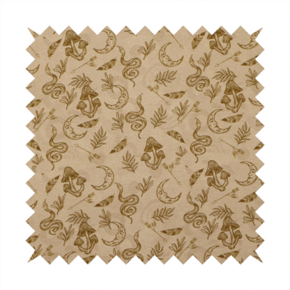 A high-down, flat-lay image of a light beige fabric featuring a repetitive boho-mystical pattern. The design is printed in a muted olive-brown ink and includes the following hand-drawn elements scattered across the material.