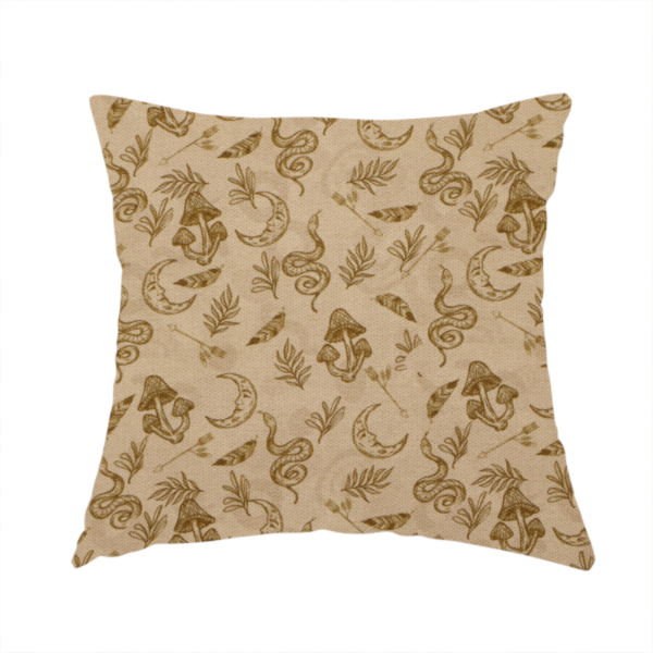 The fabric used to create this handmade cushions is a light beige fabric featuring a repetitive boho-mystical pattern. The design is printed in a muted olive-brown ink and includes the following hand-drawn elements scattered across the material.