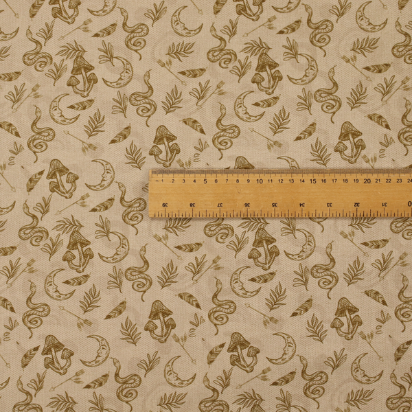 A light beige fabric featuring a repetitive boho-mystical pattern. The design is printed in a muted olive-brown ink and includes the following hand-drawn elements scattered across the material.