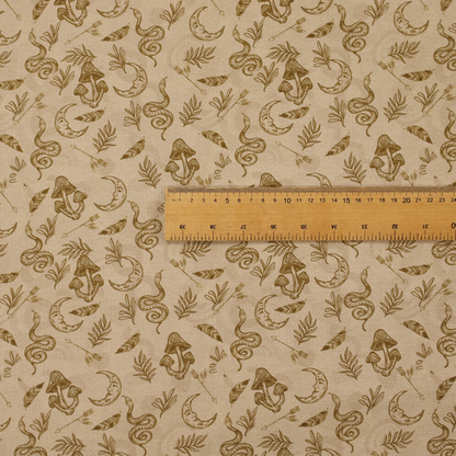 A light beige fabric featuring a repetitive boho-mystical pattern. The design is printed in a muted olive-brown ink and includes the following hand-drawn elements scattered across the material.