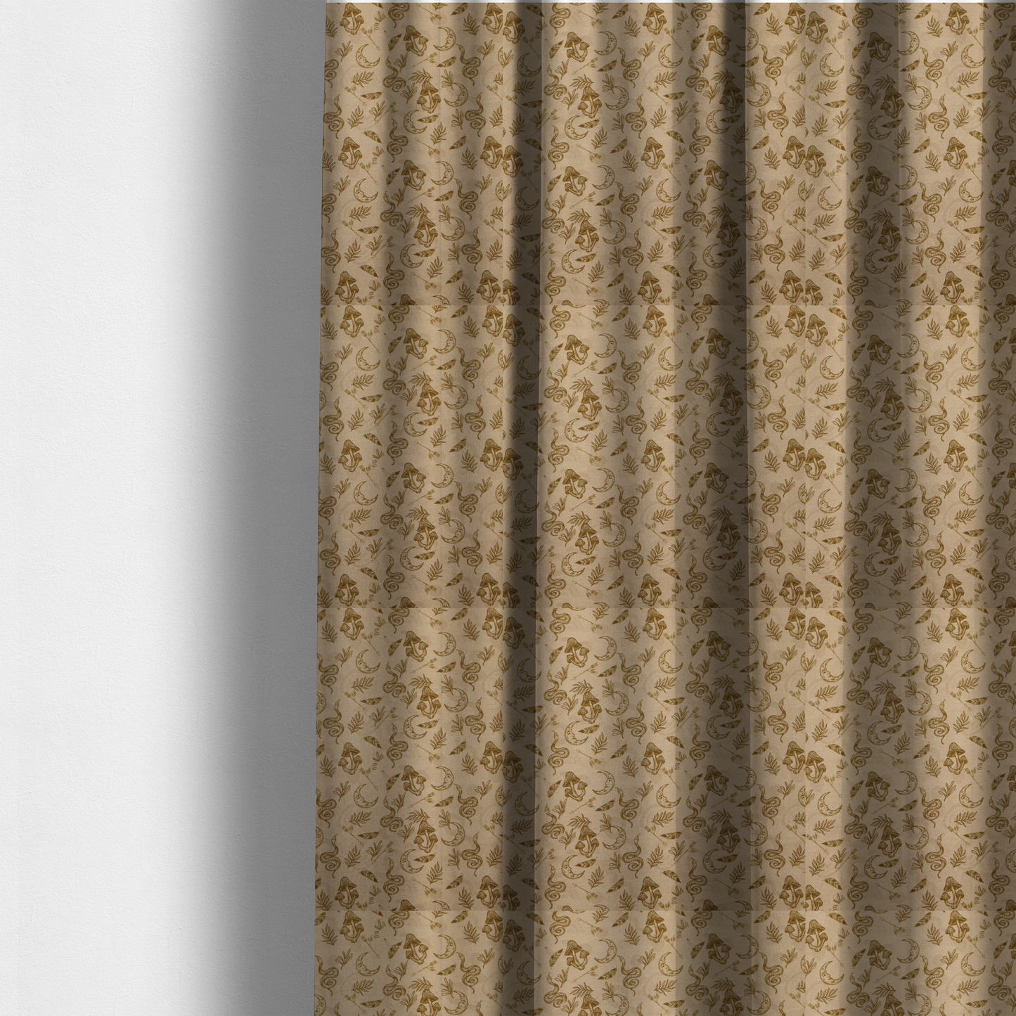 The fabric used to create these made-to-measure curtains is a light beige fabric featuring a repetitive boho-mystical pattern. The design is printed in a muted olive-brown ink and includes the following hand-drawn elements scattered across the material.