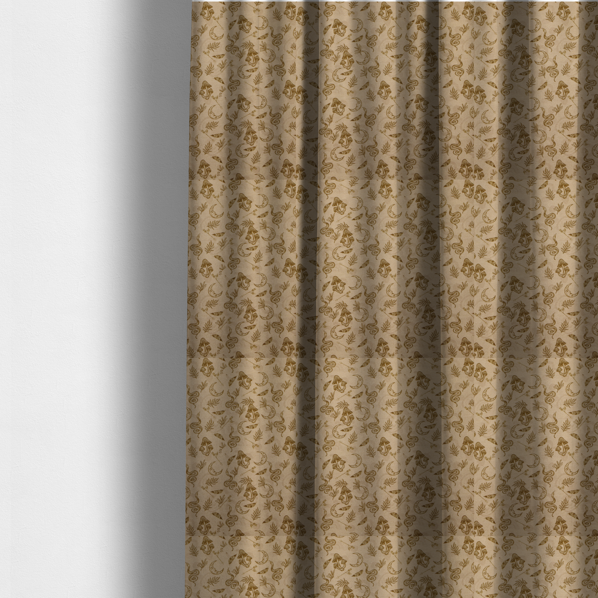 The fabric used to create these made-to-measure curtains is a light beige fabric featuring a repetitive boho-mystical pattern. The design is printed in a muted olive-brown ink and includes the following hand-drawn elements scattered across the material.