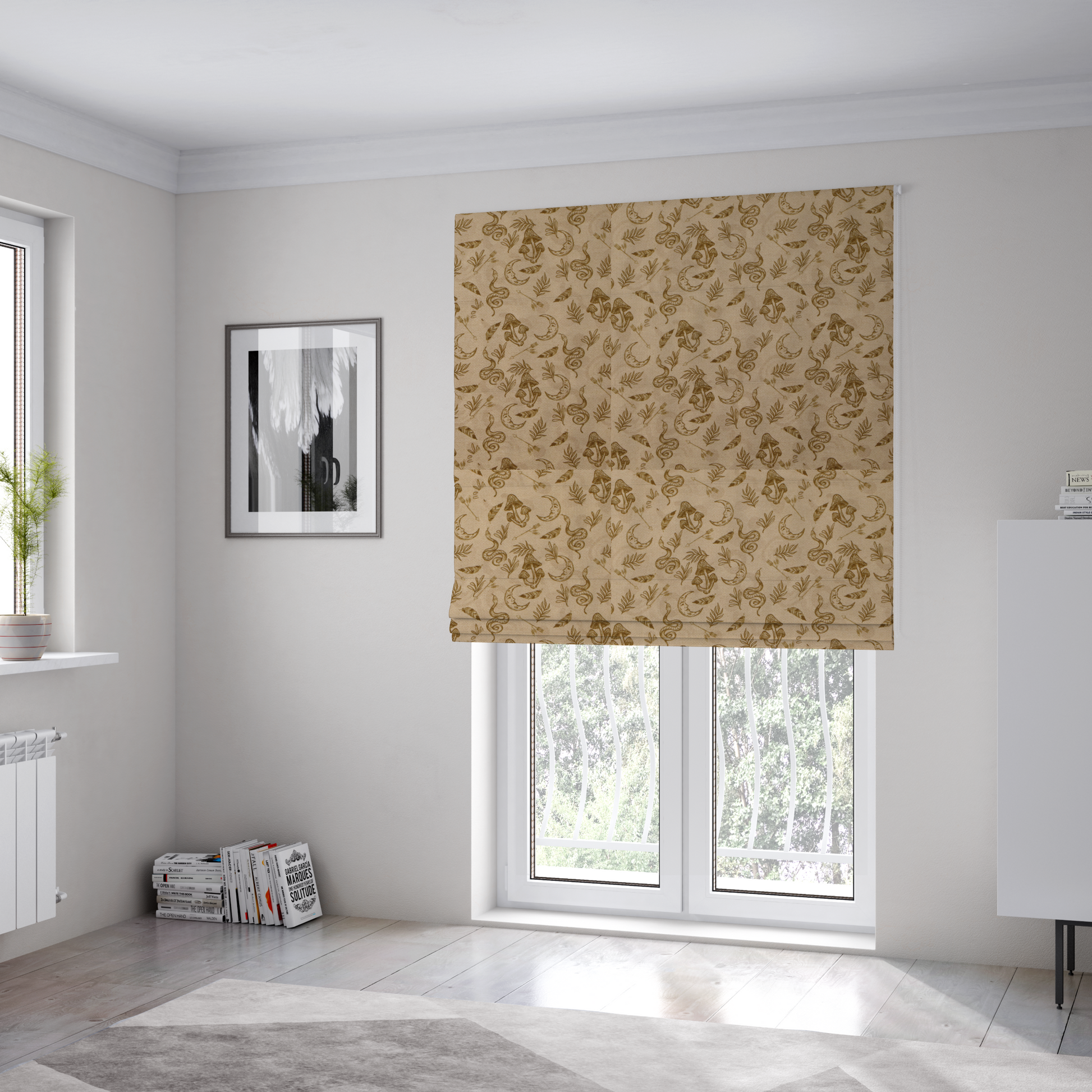 The fabric used to create these Roman blinds is a light beige fabric featuring a repetitive boho-mystical pattern. The design is printed in a muted olive-brown ink and includes the following hand-drawn elements scattered across the material.