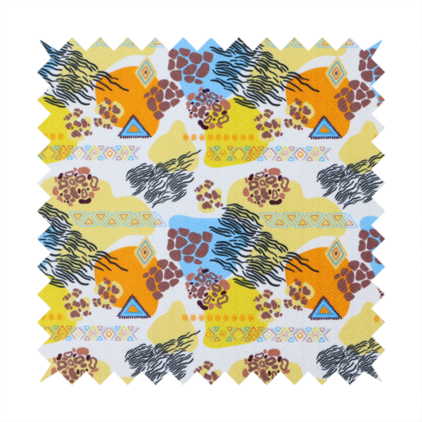 A vibrant, safari-themed repeating pattern on a white textured fabric, blending abstract shapes with traditional animal and tribal motifs.
