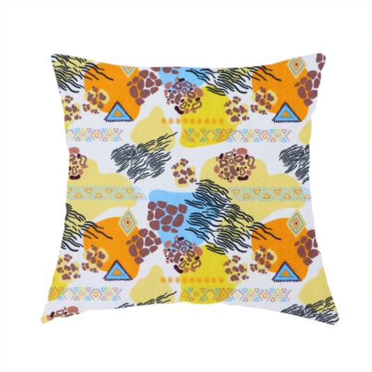 The fabric used to create this handmade cushion is a vibrant, safari-themed repeating pattern on a white textured fabric, blending abstract shapes with traditional animal and tribal motifs.