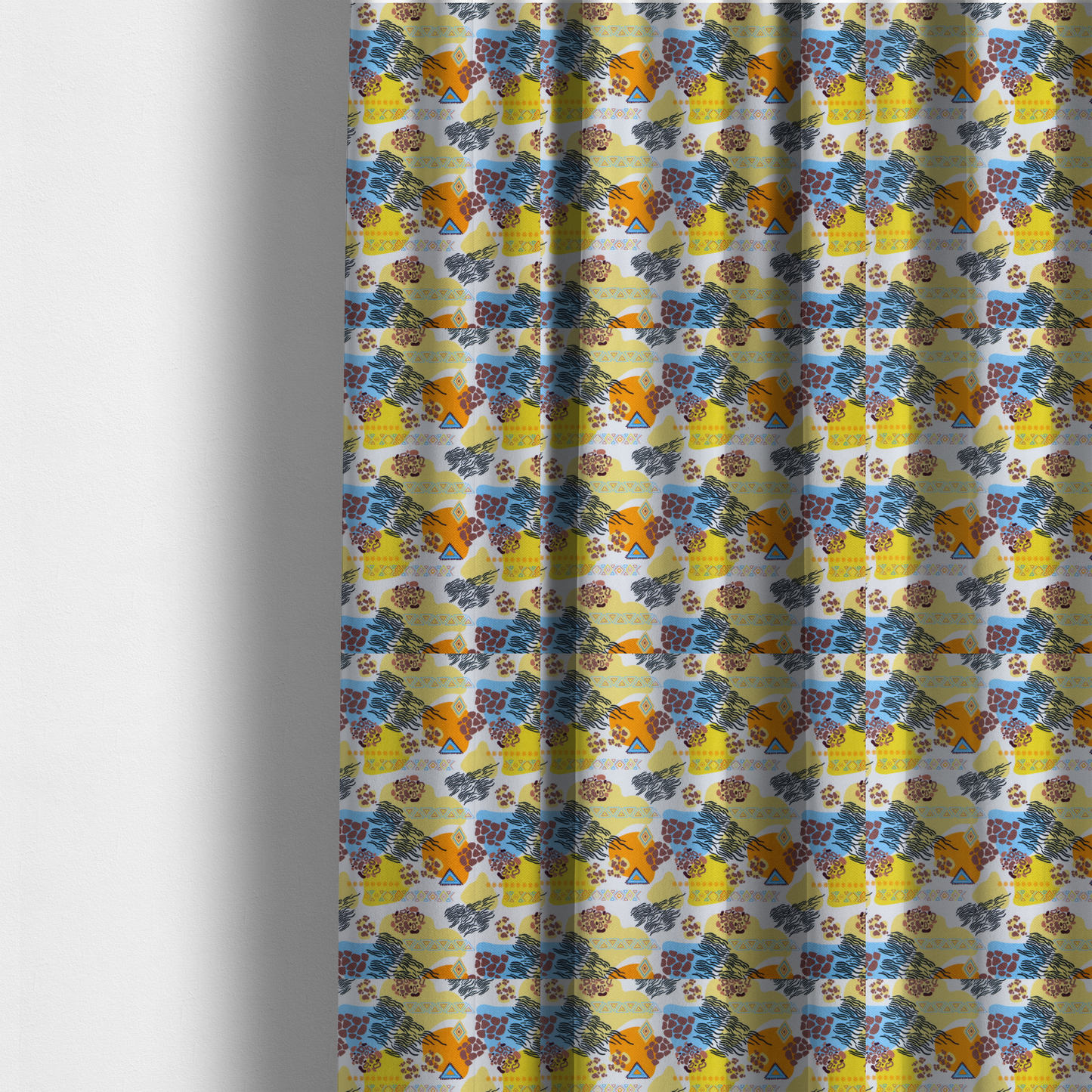 The fabric used to create these made-to-measure curtains is a vibrant, safari-themed repeating pattern on a white textured fabric, blending abstract shapes with traditional animal and tribal motifs.