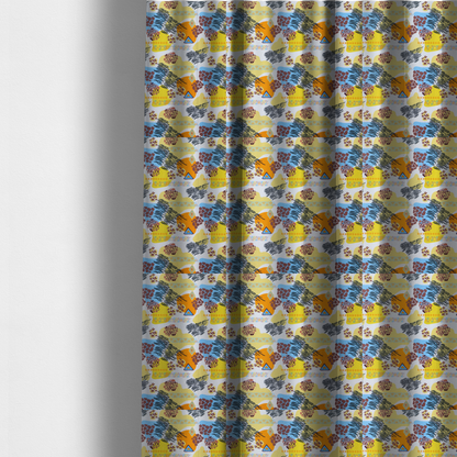 The fabric used to create these made-to-measure curtains is a vibrant, safari-themed repeating pattern on a white textured fabric, blending abstract shapes with traditional animal and tribal motifs.